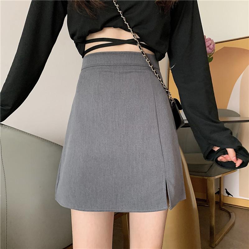 

Skirts Split Black A-line Skirt Female Summer 2021 High Waist Slimming All-match Bag Hip Short, Gray split