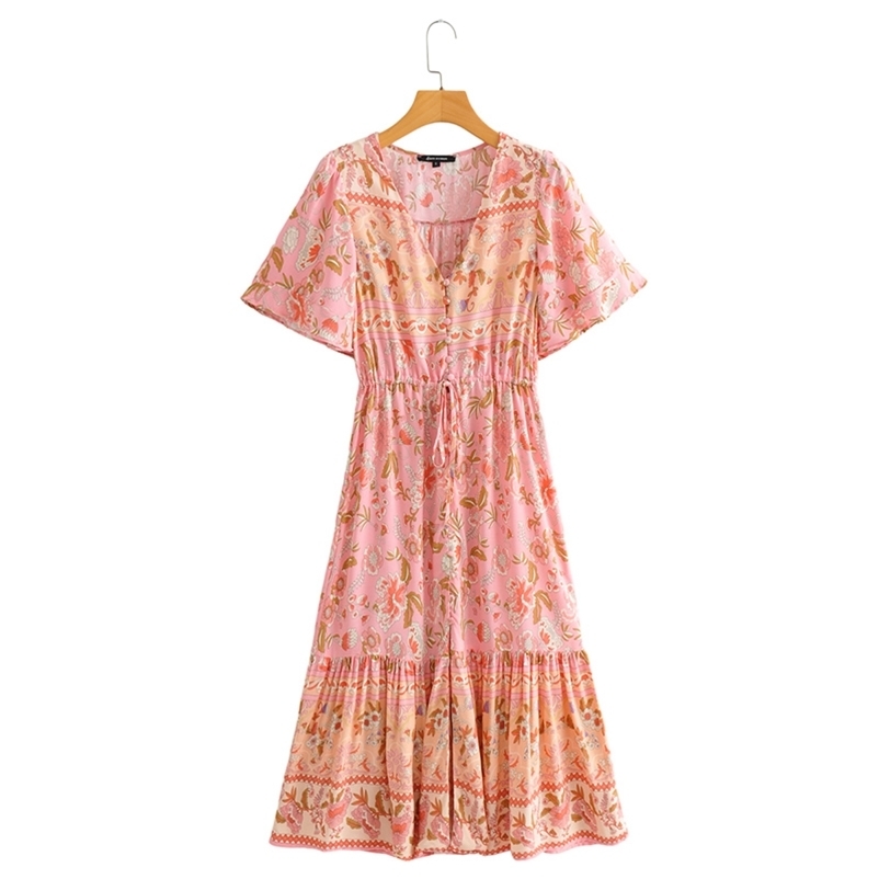 

Vintage Floral Print Maxi Dress Women Boho short Sleeve ruffled Long V neck Casual pink buttons es Robe 210524