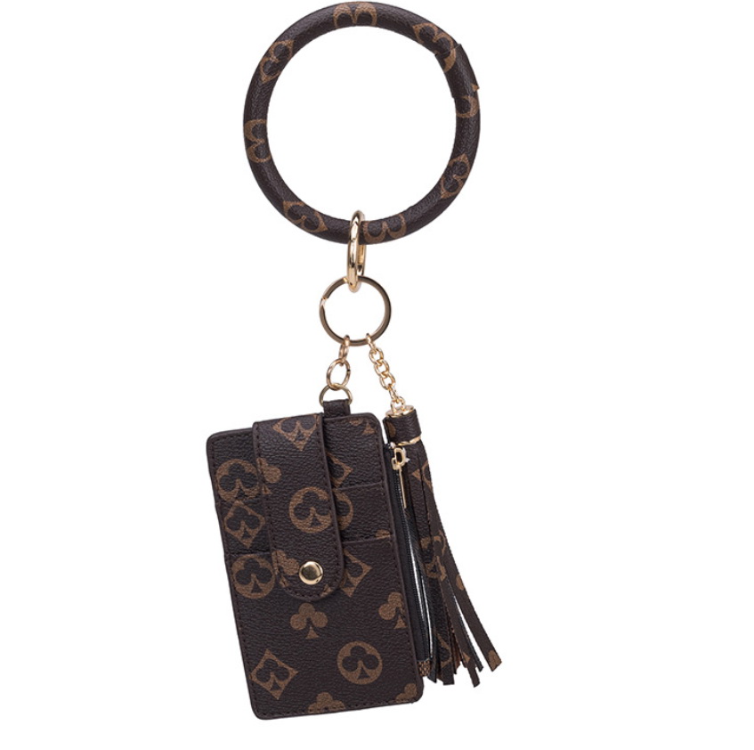 

Personality Large Bracelet Keychain Card Holder Tassel Bangle Key Ring Wristban With Wallet Card Holder for Men Women porte carte, Brown