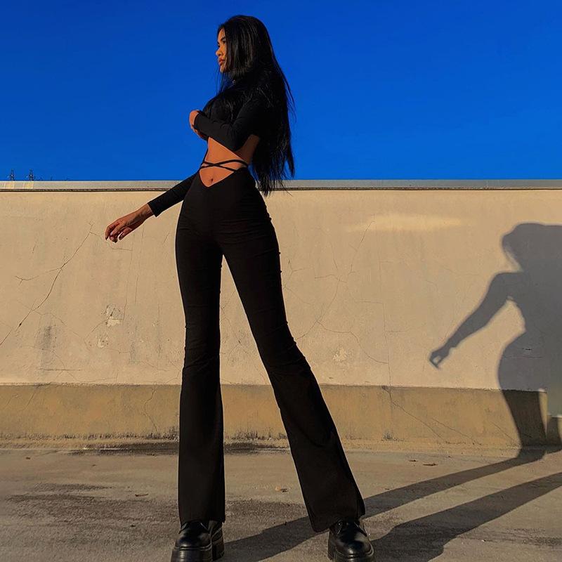 

Women's Pants & Capris 2021 Y2k Flare Women Sexy Strechy Trousers Lace Up V Waist Low Rise Harajuku Bodycon Black Party Club Outfits, Black;white