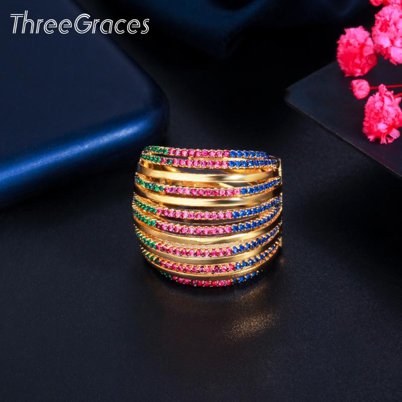 

Cluster Rings ThreeGraces Adjustable Size Gorgeous Multicolor Cubic Zirconia Gold Color Geometric Round Wedding For Women Jewelry RG144, Golden;silver
