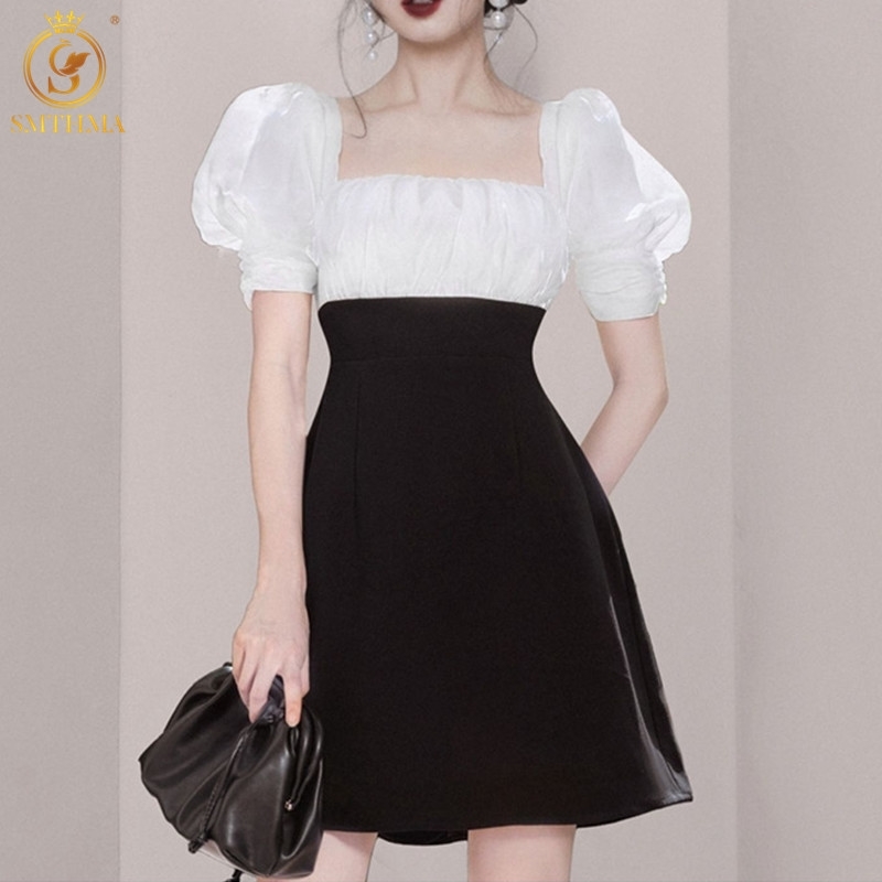 

Korea Chic Square Collar Mini Dress For Women Summer Puff Short Sleeve Slim High Waist Patchwork Vestidos Femme 210520, Photo color