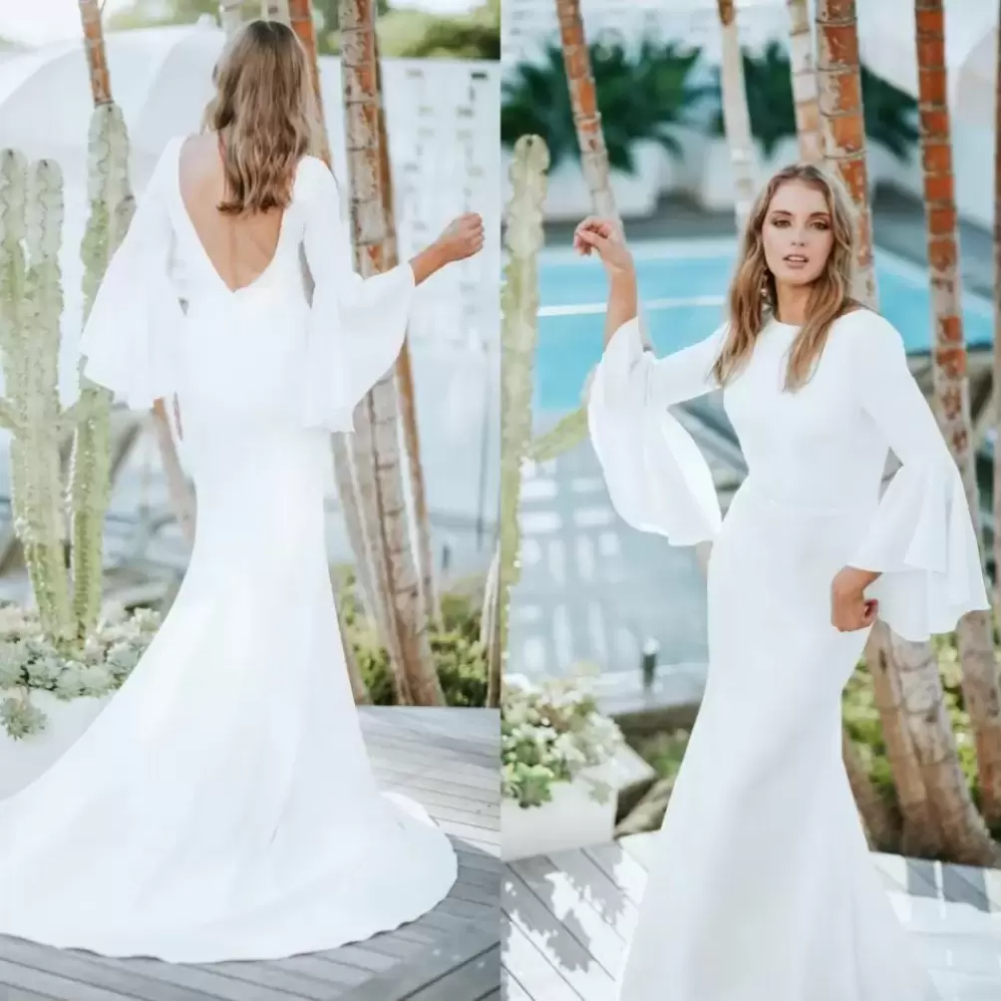 

2022 New Elegant Simple Crepe Mermaid Wedding Dresses with Flare Sleeves Scoop Neck V Back Garden Informal Modest Country Style Bridal Gowns, White