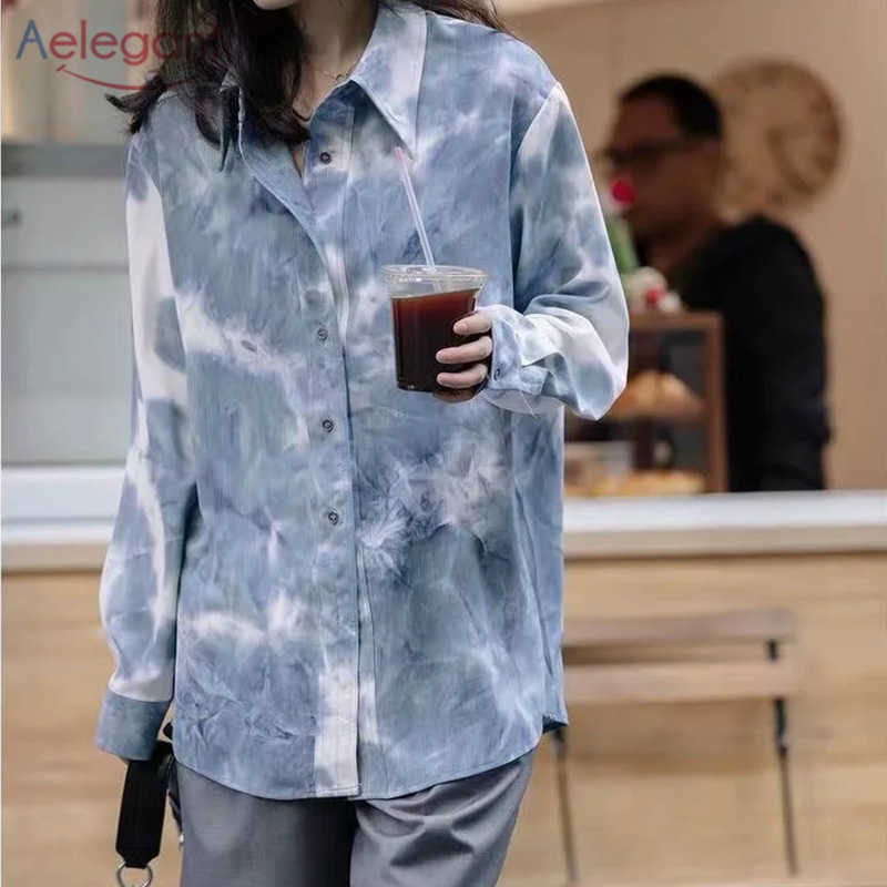 

Aelegantmis Pink Tie Dye Loose Blouse Shirts Women Fashion Oversized Long Sleeve Felame Korean Blouses Streetwear BF 210607, Blue