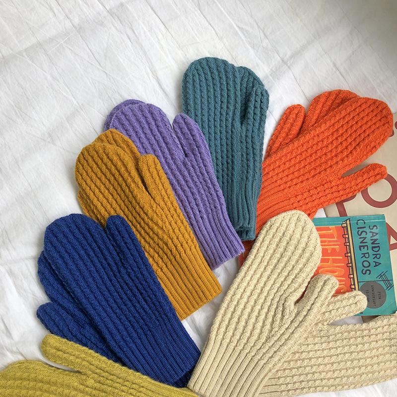 

Five Fingers Gloves Warm Knitted Full-finger Female Winter Korea Style Of Solid Color All Women Girls Mittens, Blue;gray