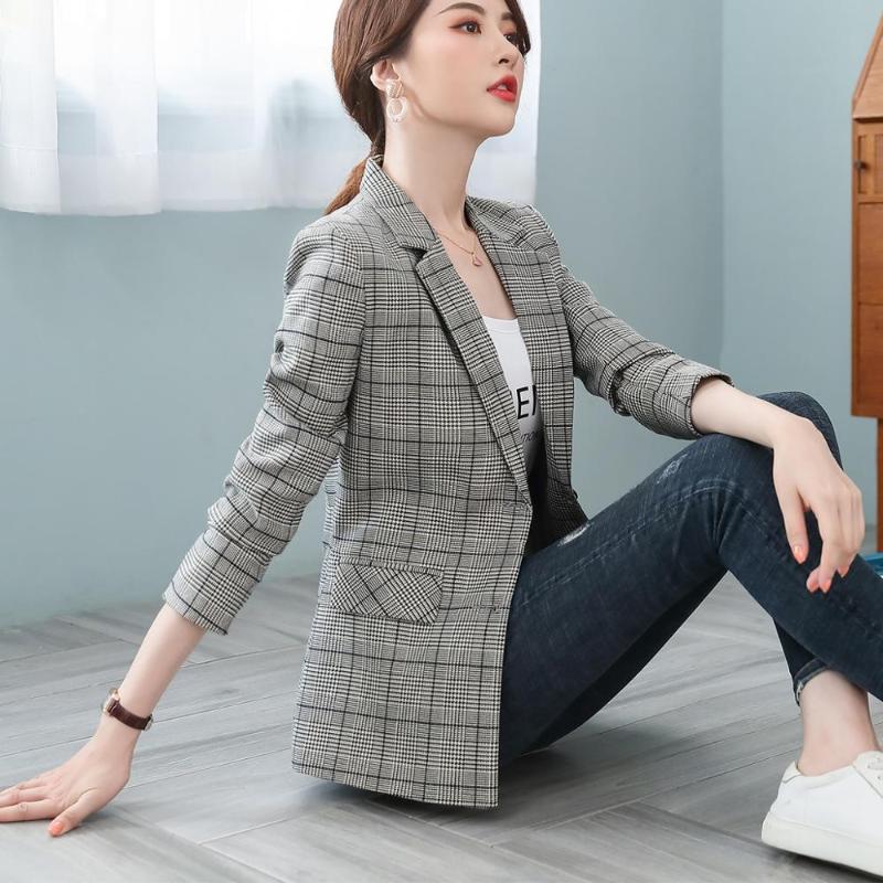

Women' Suits & Blazers Casual Full Sleeve Blazer Women Gray Brown Plaid Spring Fall Winter Fashion Single Breasted Jackets Coat -4XL, Brown plaid blazer