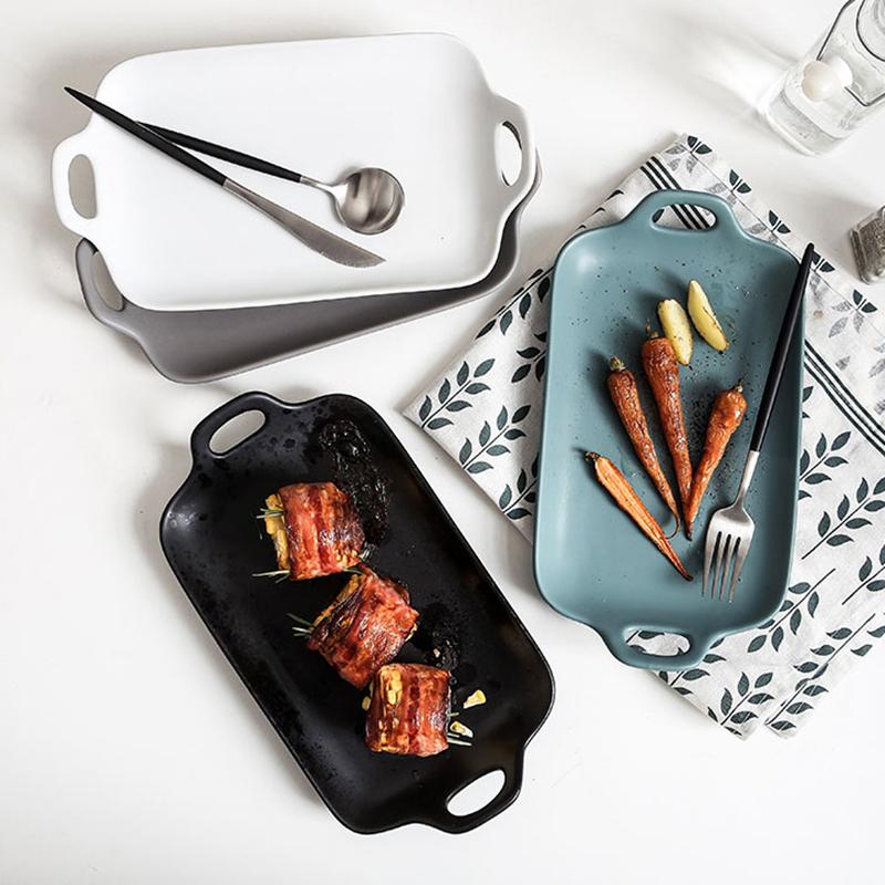

Dishes & Plates Matte Double Ear Rectangular Ceramic Plate Tableware Breakfast Western Steak Cheese Baked Rice Decoration