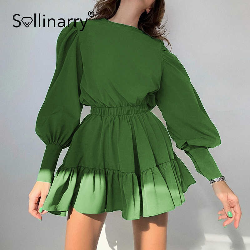 

Sollinarry Elegant A-line elastic waist lantern sleeves women dress green Ruffled solid mini dress Female college style vestidos 210709