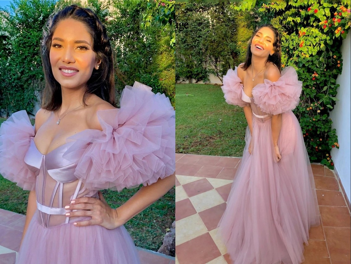 

Unique Sleeve Designer Dusty Pink Prom Evening Dresses Off the shoulder Ruched See Through Tulle Open Back Long Cocktail Pageant Dresess, Water melon