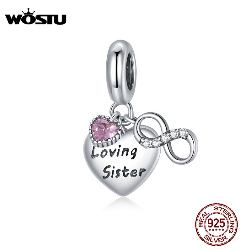 

Other WOSTU 925 Sterling Silver Pink Heart Charm Loving Sister Pendant Fit Original Bracelet DIY Necklace Jewelry CTC414
