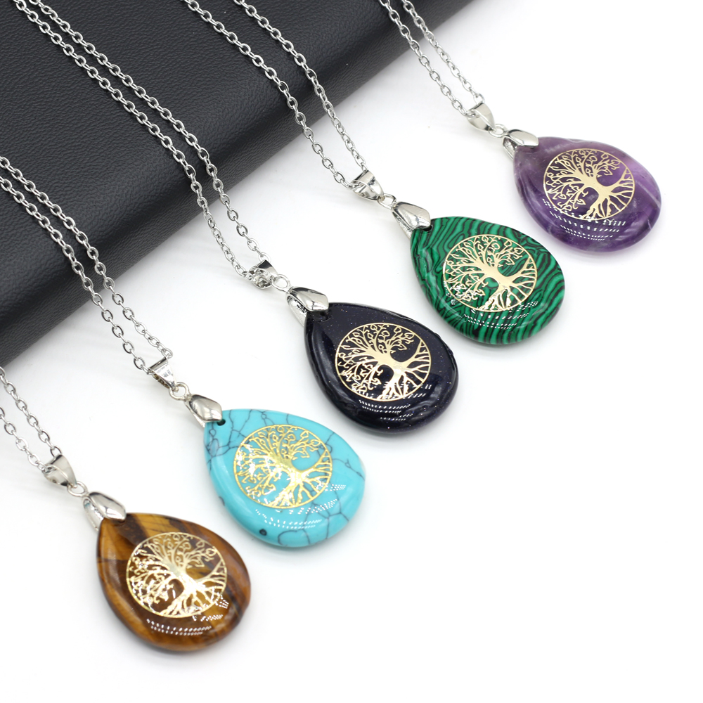 

Natural Stone tree of life necklacewhite purple pink Crystal Water Drop Shape Metal Alloy Pendant Seven Chakra Reiki for DIY Jewelry Necklace