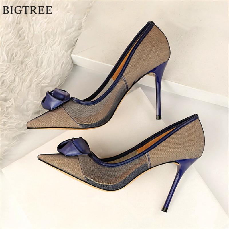 

Dress Shoes Rose Fower Elegant Women Pumps 2021 Spring Pointed Toe 9CM Thin Shoe Sexy Hollow Mesh High Heels Woman Wedding 34-40, Beige