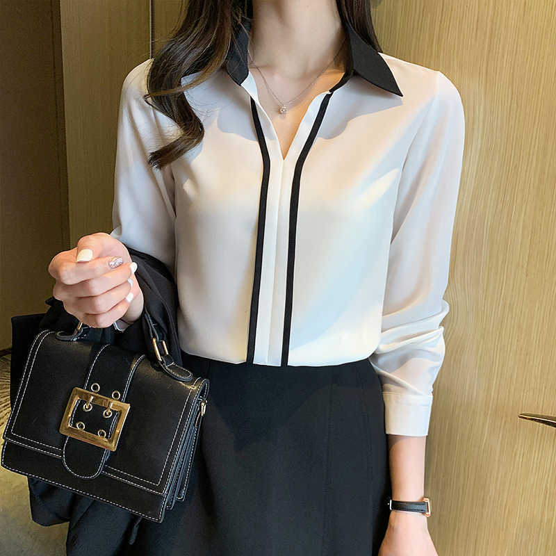 

Korean Women Shirts Blouses Woman Long Sleeve V-neck Blouse Top Plus Size Chiffon Ladies Striped 210604, White