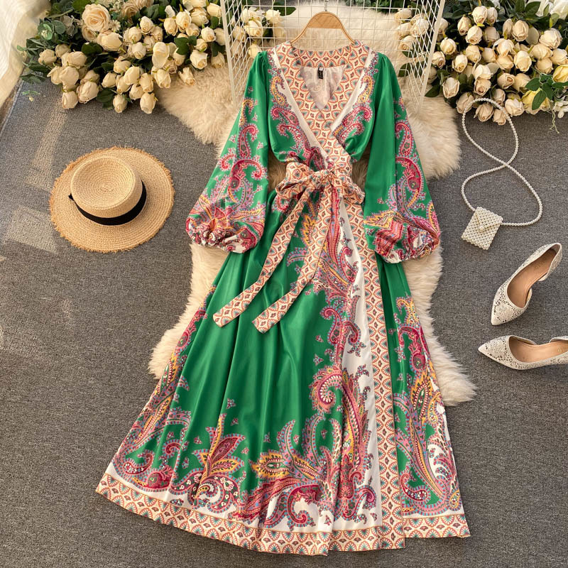 Compra Singreiny Women Retro Imprimir Vestido Maxi Chic V Cuello Saco Manga  Cinturón A Line Vestidos Casual Moda Bohemia Streetwear Vestido Largo  210414 Barato | Entrega Rápida Y Calidad | Es.Dhgate
