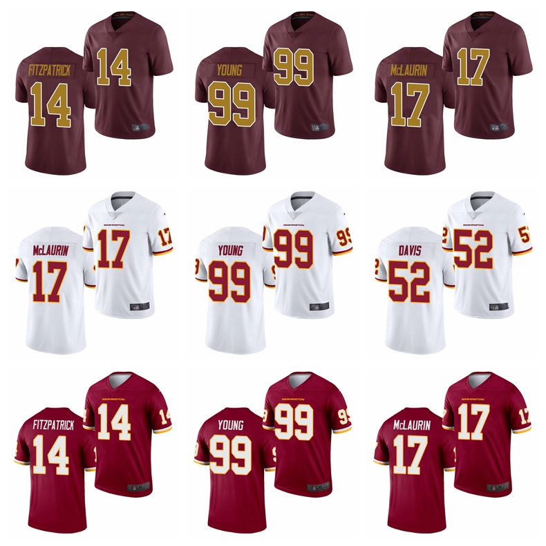 

WashingtonMen Women Kid Football Team 99 Chase Young Football Jersey 52 Jamin Davis 17 Terry McLaurin 14 Ryan Fitzpatrick 91 Ryan Kerr, Black;red