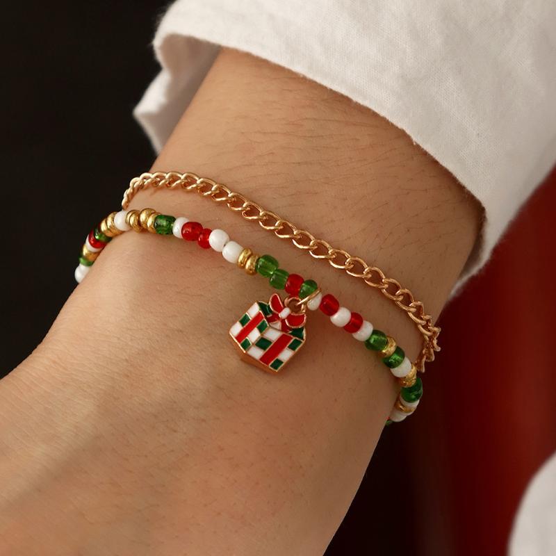 

Charm Bracelets Christmas Gift Box Pendant Cute Multicolor Beaded Chain Gold Color Alloy For Women Banquet Party Accessories, Golden;silver
