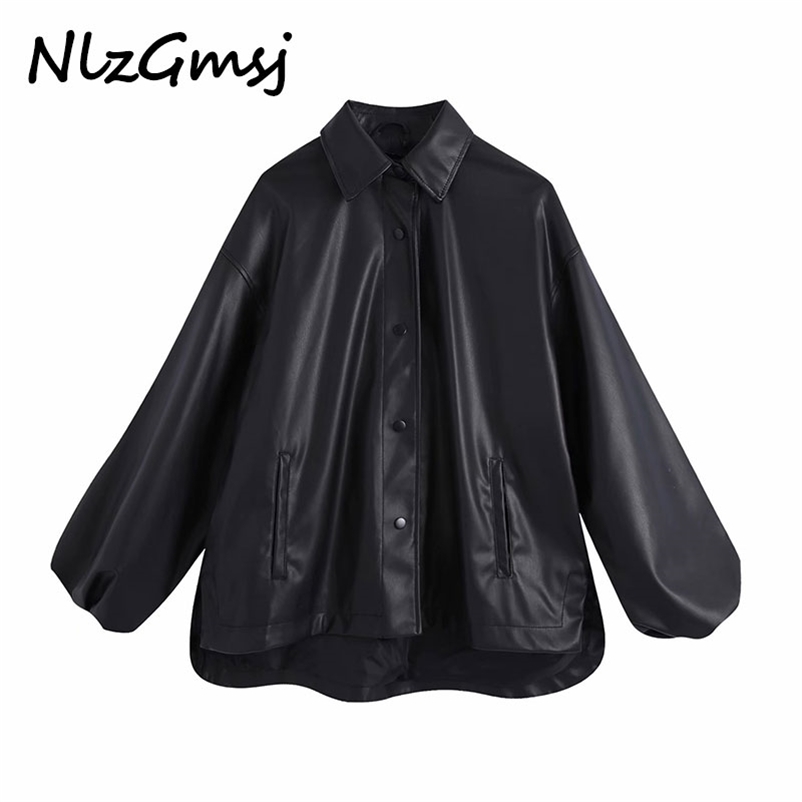 

Women Fashion Faux Leather Oversized Asymmetric Jacket Coat Vintage Lantern Sleeve Female Outerwear Chic Tops 210628, As picture