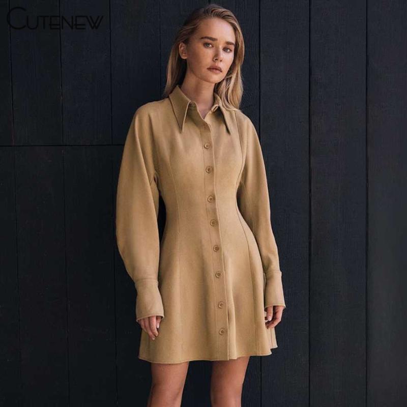 

Casual Dresses Cute Elegant Solid Turn-Down Collar Single Breasted A-line Mini Dress Women Autumn Fashion Long Sleeve Slim Lady, Black;gray