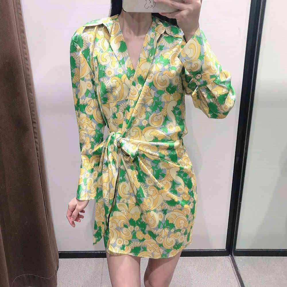 

BBWM Za Dress Woman Vintage Print Mini Shirt Dress Women Summer Elegant Long Sleeve Wrap Tied Casual Short Dresses 210520, Multi