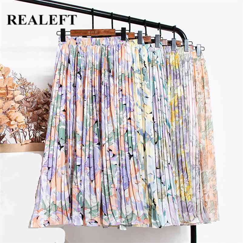 REALEFT New Vintage Floral Printed Tulle Pleated Mi-long Women Skirts High Waist Loose Female Umbrella Skirts Spring Summer 210412Z