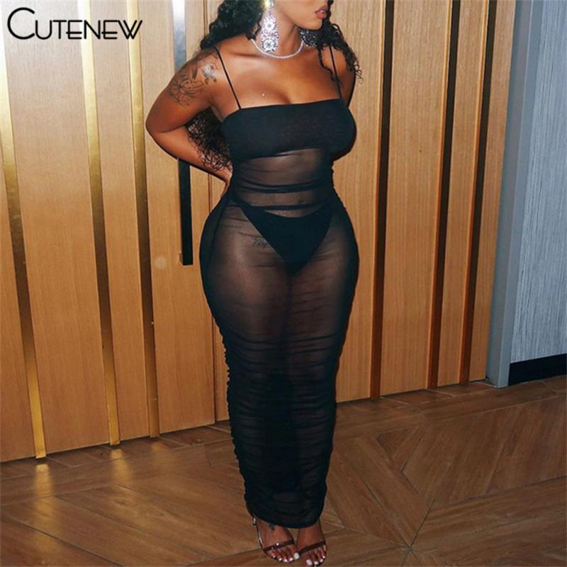 

Casual Dresses Cute Solid Sexy Mesh See Through Folds Bodycon Sling Maxi Dress Women Summer Sleeveless Backless Lady Party Clubwear, Black;gray
