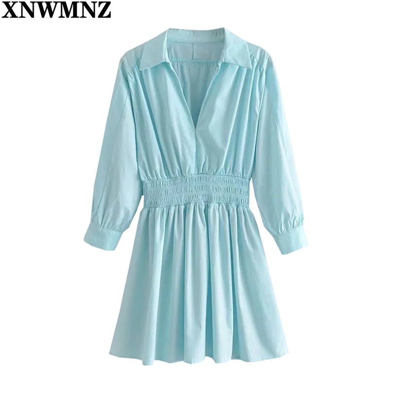 

Blue Mini Shirt Dress Women Elegant Long Sleeve Elastic Waist Office Laay Summer Woman Fashion Poplin es 210520, Sky blue