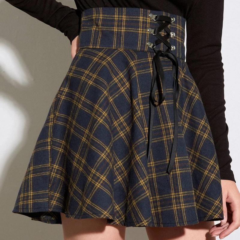 

Skirts Fashion Vintage Women Scotland Plaid Bandage High Waist Large Swing Cotton Tartan Skirt Sexy Pleated