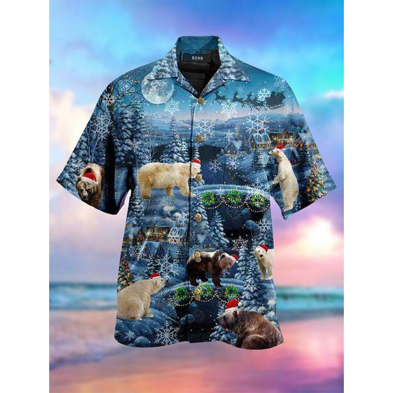 

Christmas animal print Hawaiian style men's short-sleeved shirt geometric print party beach daily casual top, White;black