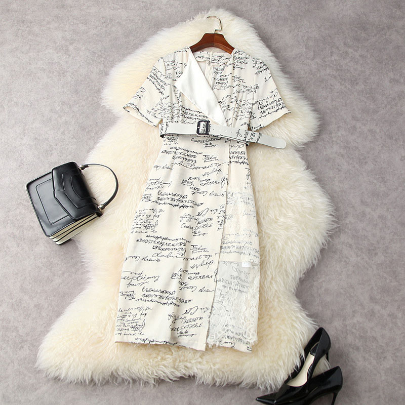 

2021 Summer Short Sleeve V Neck Beige Letters Print Lace Panelled Belted Mid-Calf Dress Elegant Casual Dresses 21A212113, Black;gray