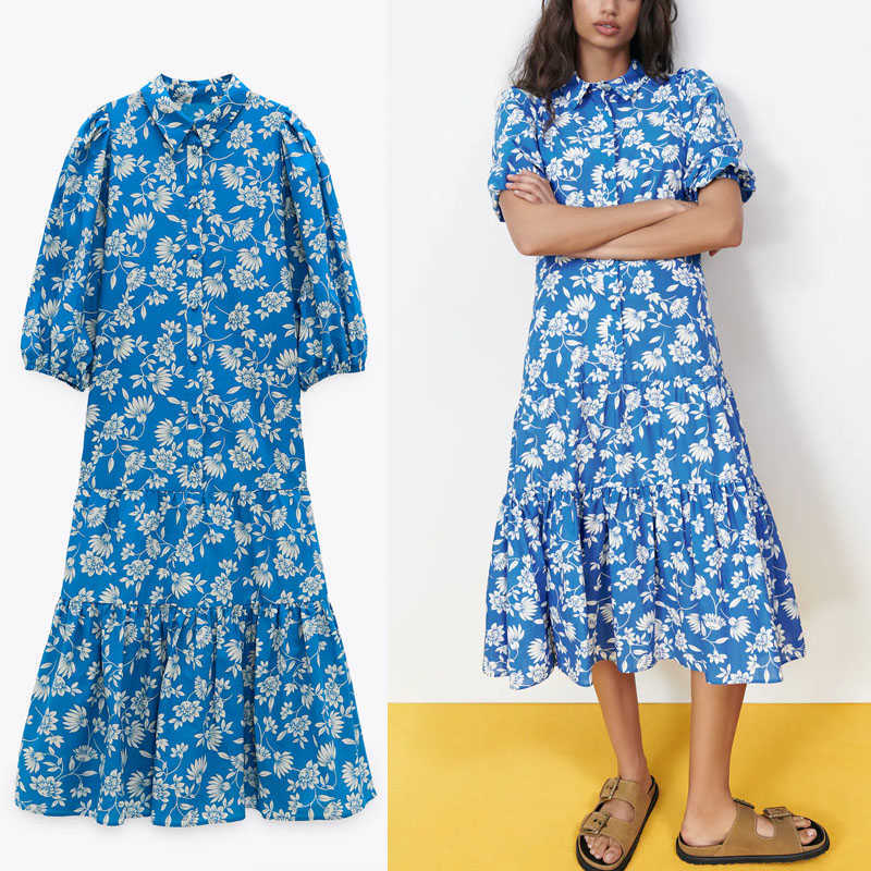 

Za Ruffle Print Midi Dress Spring Women Short Puff Sleeve Pleated Blue Party Dresses Woman Button Up Vintage Shirt Dress 210602