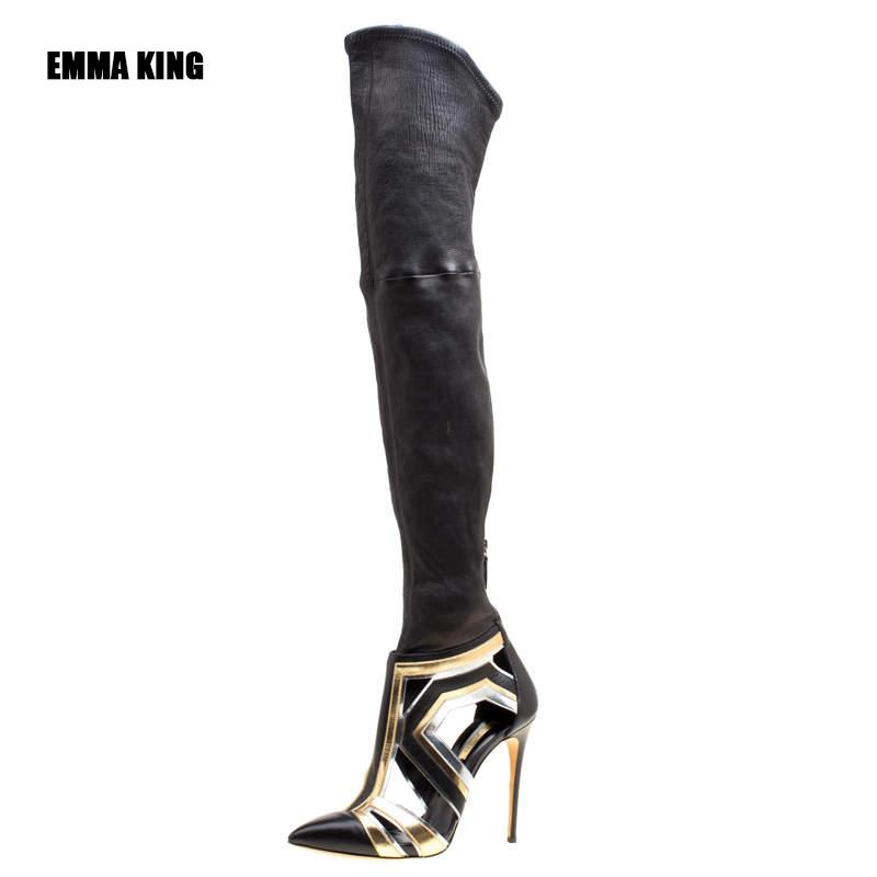

Boots 2021 Over Knee High Summer Women's Hollow Out Gold Patchwork Stiletto Heels Woman Pointed Toe Shoes Large Size 35-44, Black