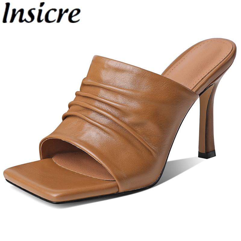 

Insicre Sexy Pleated Ladies Slippers Summer Party Thin High Heels Shoes Fashion Square Toe Gladiator Sandals Big Size 34-43, Black