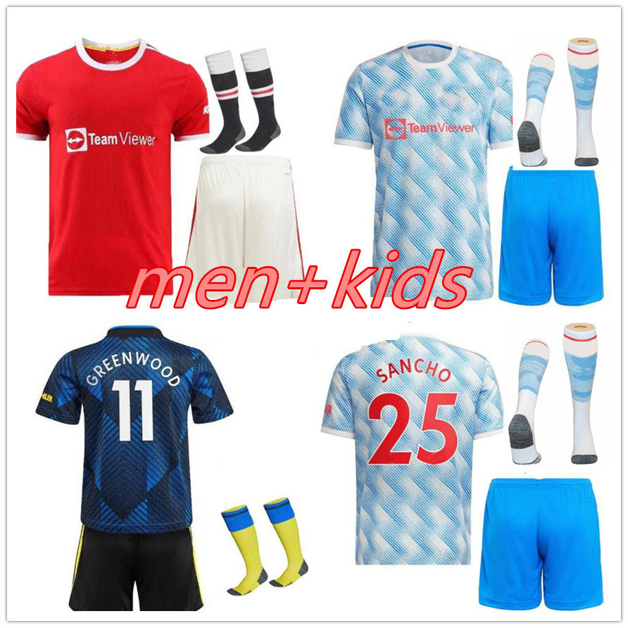 

kids + men 21 22 Manchester soccer jersey SANCHO BRUNO CAVANI POGBA UTD football kit 2021 2022 Child shirt shorts socks