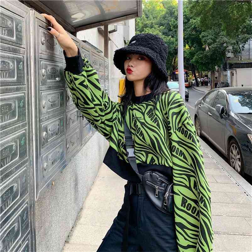 

Zebra Printed Fashion Pullovers Women Spring Autumn Good Quality Punk Hip-Hop Style Lady Tee Hoodies Female Tops Clothes 210519, Khaki