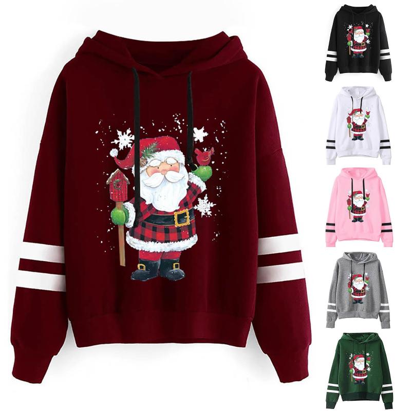 

Gym Clothing Ladies Casual Christmas Santa Printed Long Sleeve Pullover Hoodie Parallel Bar Crew Neck Sweatshirt Sports Top Oversized, White;black