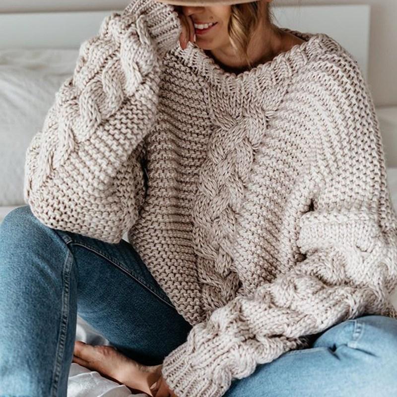 

Women' Sweaters 2021 Autumn Twist Women Winter Warm Long Sleeve Solid Knitted Sweater Casual V Neck Loose Oversized Ladies Pullovers, Beige