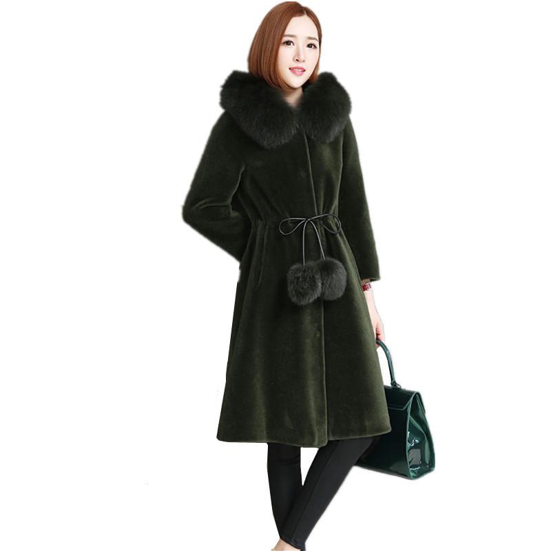 

Women's Fur & Faux 2021 Sheep Shearing Coat Women Lamb Jacket Female With Real Collar Hooded Winter Long Outwear WYQ786, Dark green