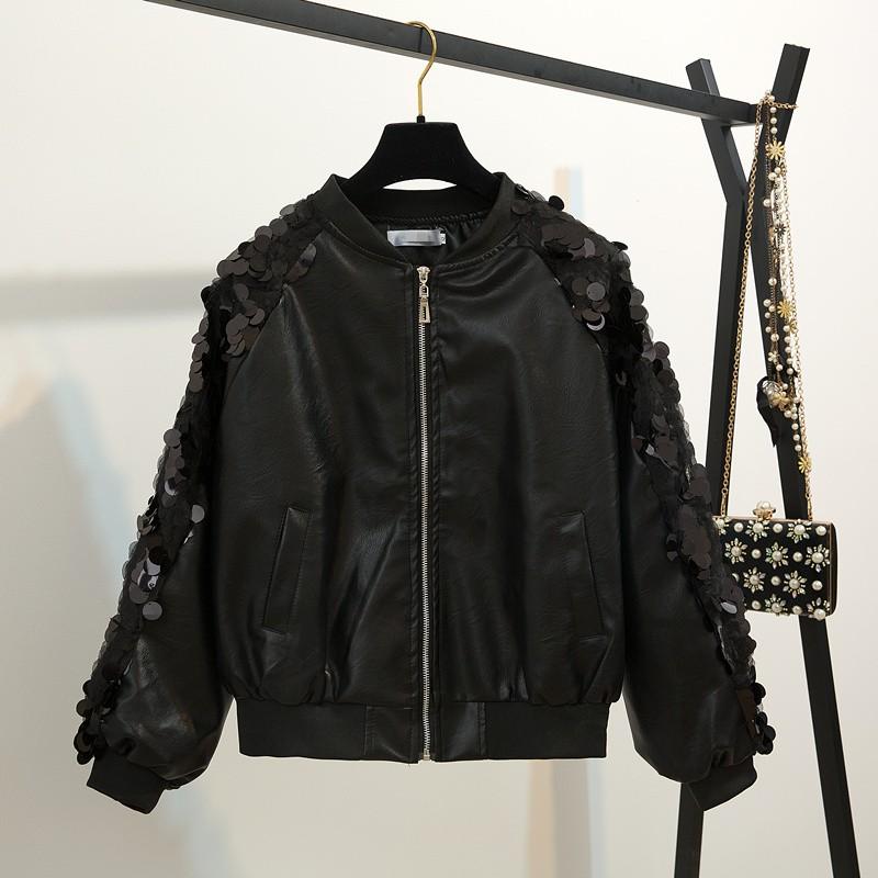 

Women's Leather & Faux 2021 Spring And Autumn Fashion Sequins Sleeve Pu Jacket Coat Female Baseball Uniform Bomber, Black