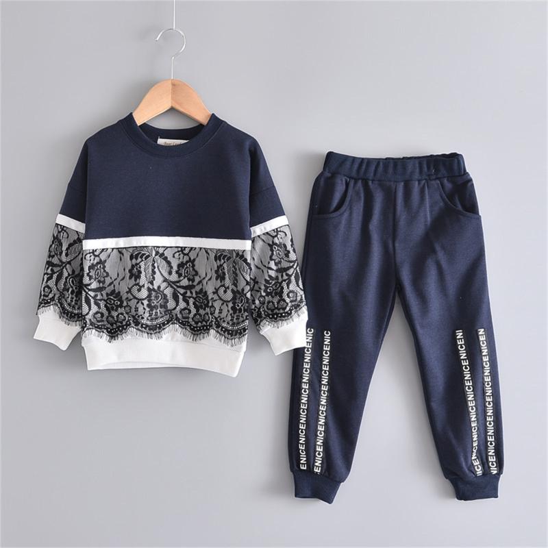 Clothing Sets 2Pcs Autumn Girls Kids Clothes Set Lace Sweatshirt Tops Long Pants Leggings Tracksuit Outfits Ropa Niña-image-731744504