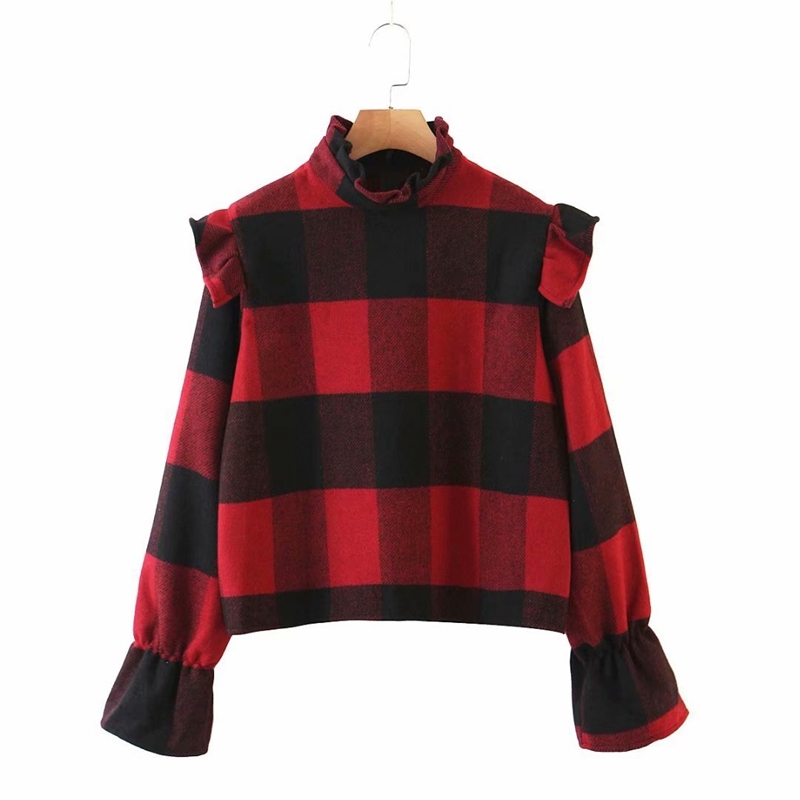 

Autumn Plaid Shirts Stand Collar Ruffles Thicken Pullover Ladies Casual Street Blouse Tops XZ2582 210525, Red