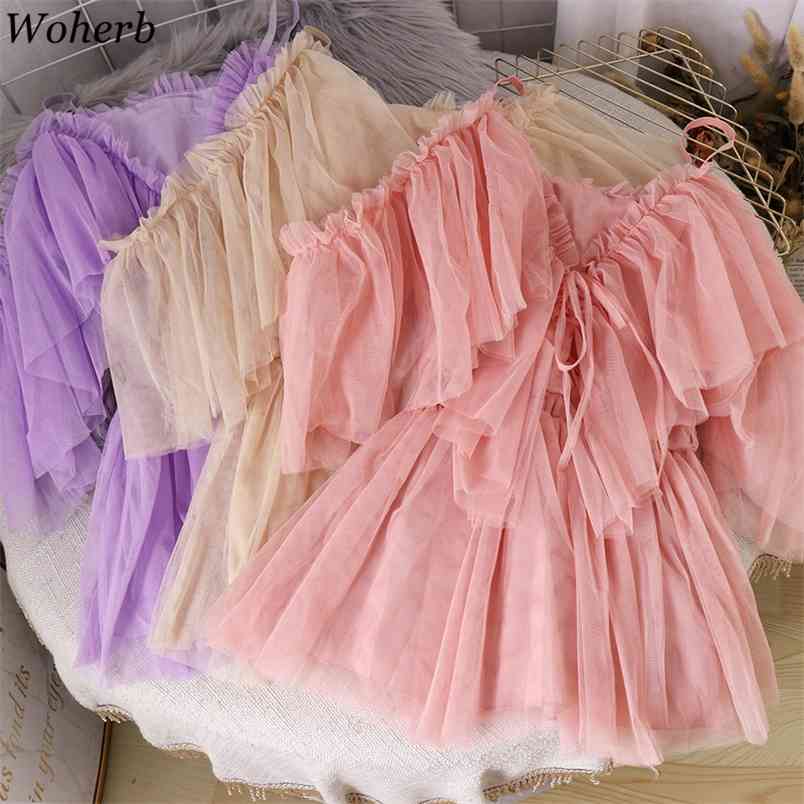 

Mesh Blouses Women Sweet Off Shoulder V-neck Shirt Gauze Blouse Ladies Elegant Tops Korean Chic Ruffle Chiffon Blusas 210519, Pink