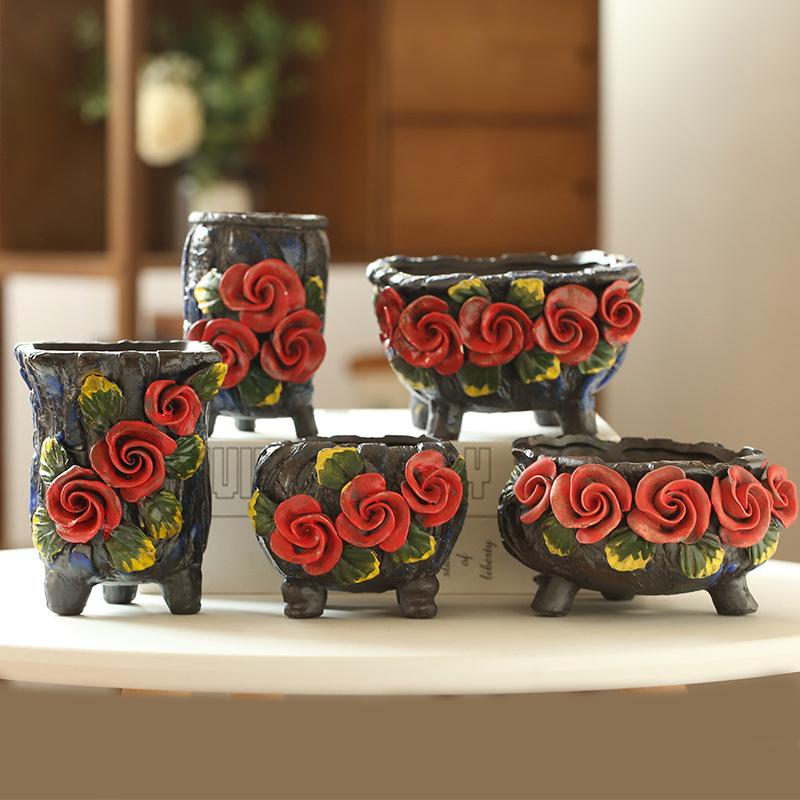 

Planters & Pots Korean Vintage Succulent Ceramic Flower Desktop Painted Handmade Rose Pattern Gardening Supplies Green Planting Home Garden