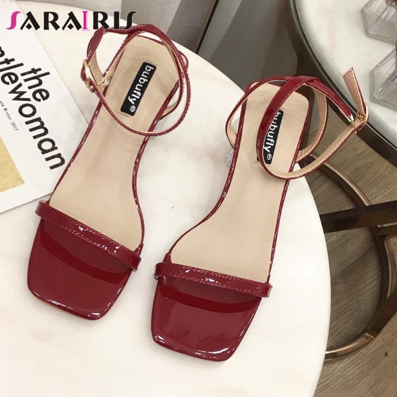 

Sandals SARAIRIS Summer Med Clear Heels Brand Square Peep Toe Women Concise Elegant Date Shoes Woman, Black