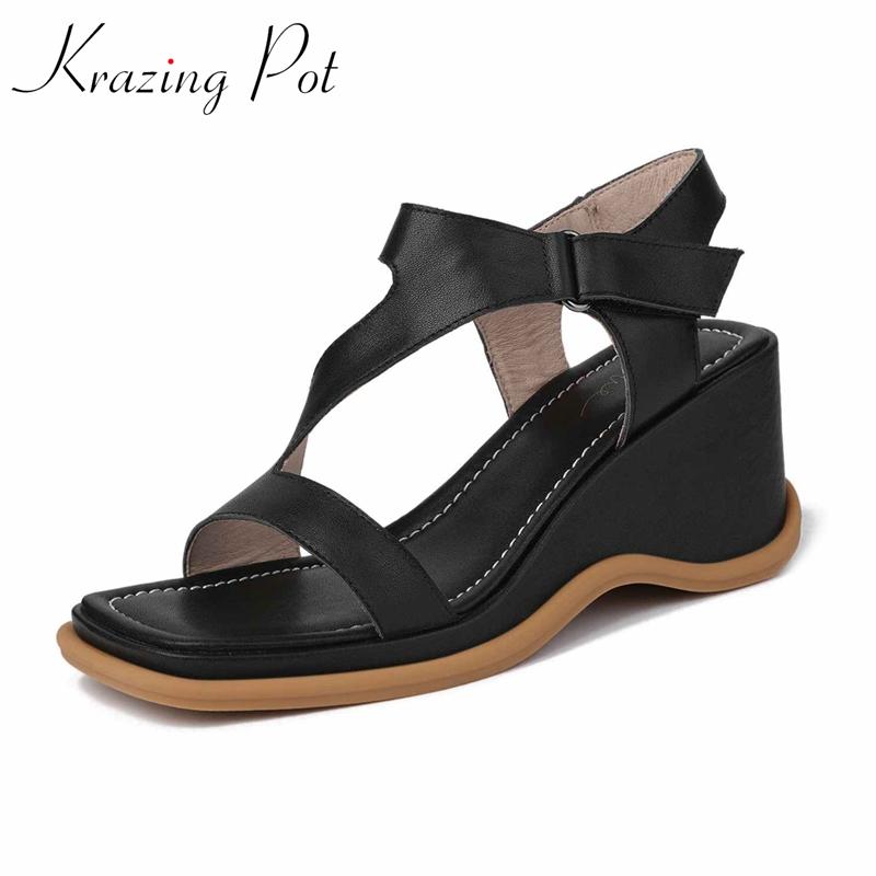 

Dress Shoes Krazing Pot Open Toe Genuine Leather Square High Heel Thick Bottom Simple Style Fashion Hook Loop Sandals Women L80, Black