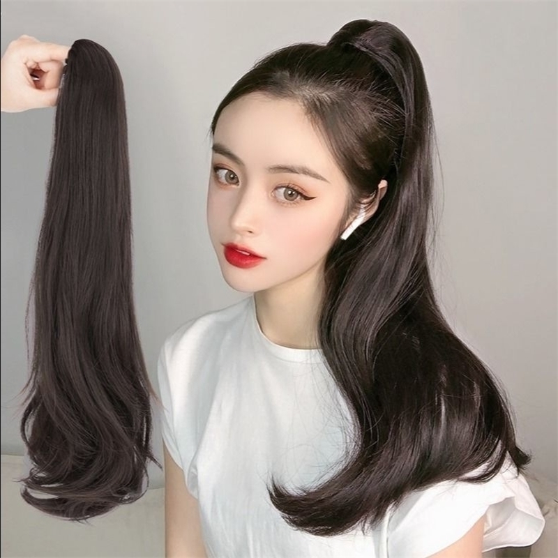 

type claw Wig women's micro curl long straight hair wig piece pear flower high net red false ponytail braid, Grabbing natural black