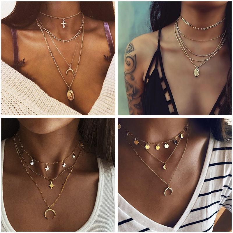 

Chains Bohemian Personality Gold Moon Stars Pendant Necklace For Women Multi-layer Coin Cross 2021 Trend Party Jewelry