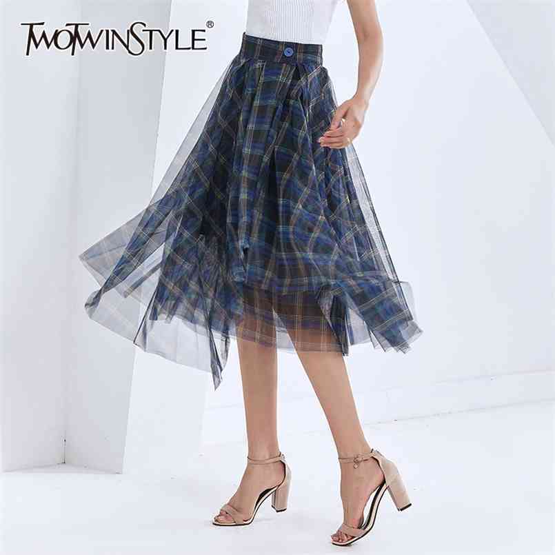 

Plaid Patchwork Mesh Skirt For Women High Waist Vintage Elegant Midi Skirts Female Fall Fashionable 210521, Blue