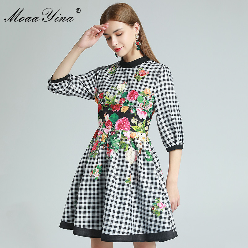 

Fashion Designer dress Spring Women' Dress Beaded Sequins Plaid Floral-Print Ball Gown Dresses 210524, Black
