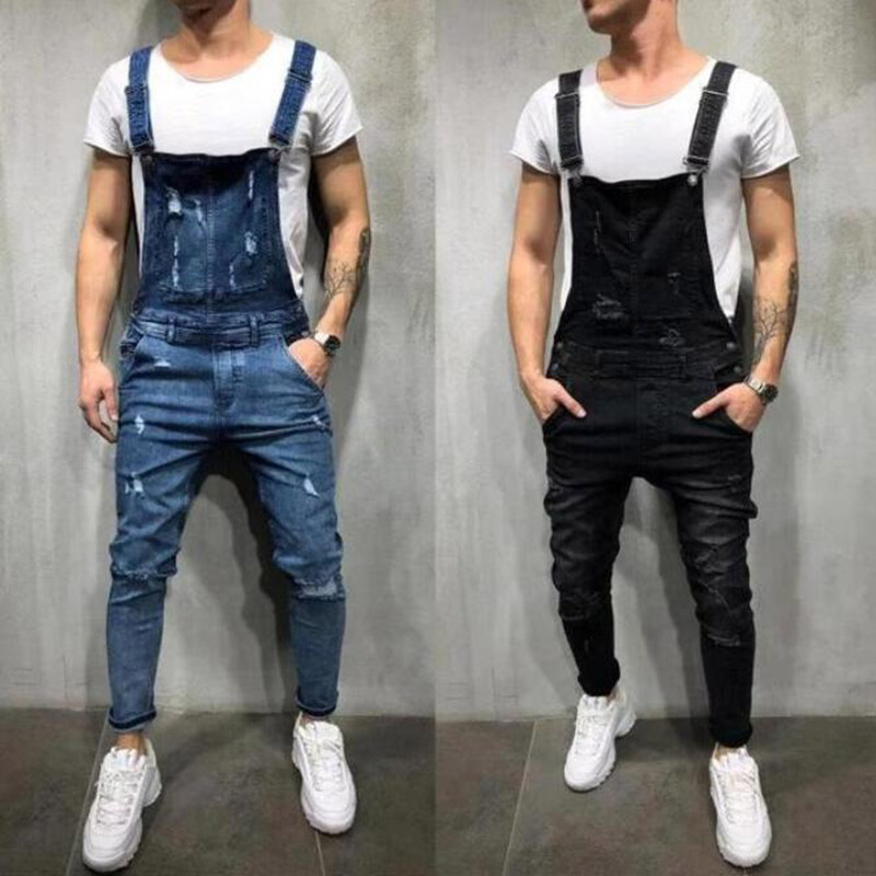 

Fashion Men's Ripped Jeans Jumpsuits High Street Distressed Denim Bib Overalls For Man Suspender Pants Size S-4XL, Blue
