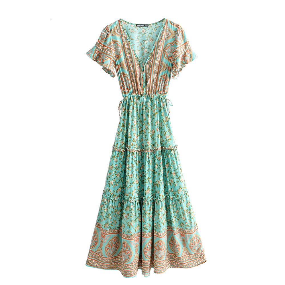 

Casual Dresses Women Spring Summer Maxi es Fashion Floral Printed Tiered Bohemian Beach Ladies Sexy V-Neck Long Sleeve QL9M, Color as shown